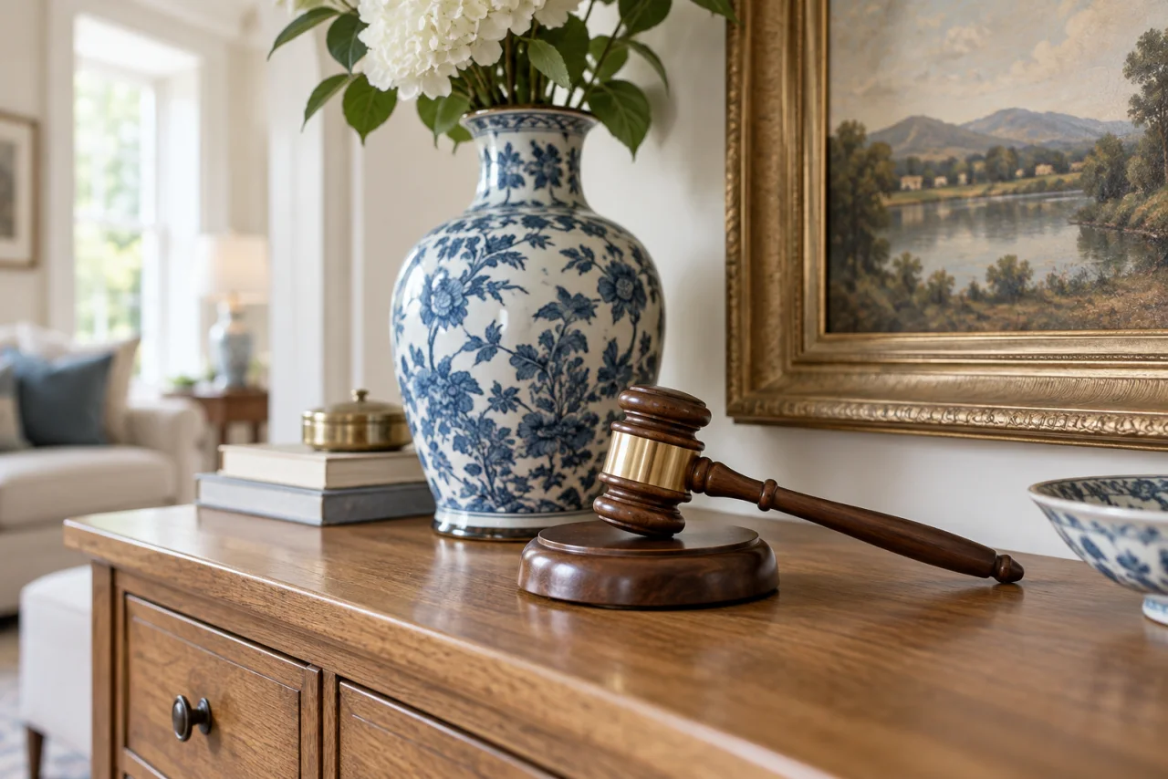 Gavel and a blue-and-white vase among household treasures