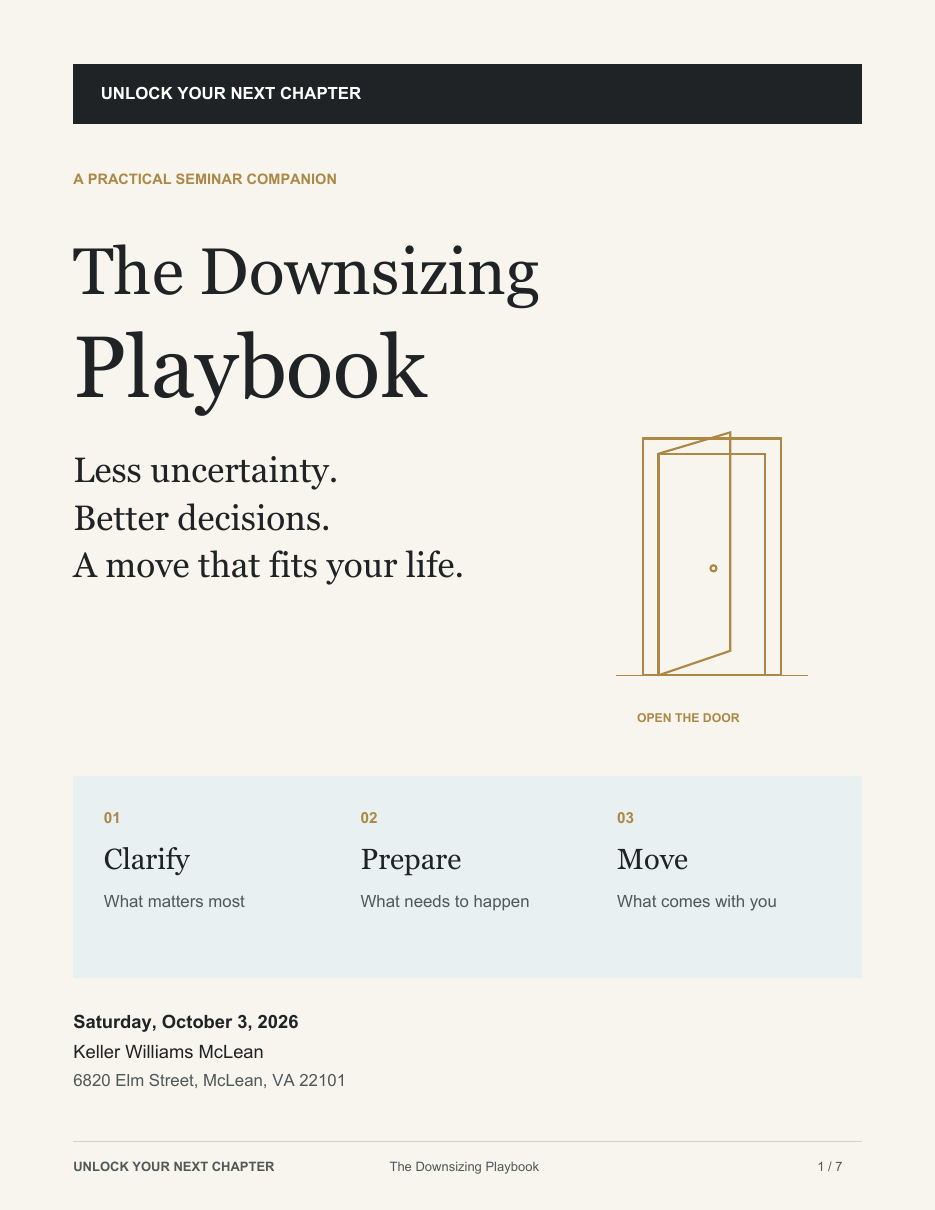 The Downsizing Playbook, a seven-page guide to preparing your home, belongings, finances and move