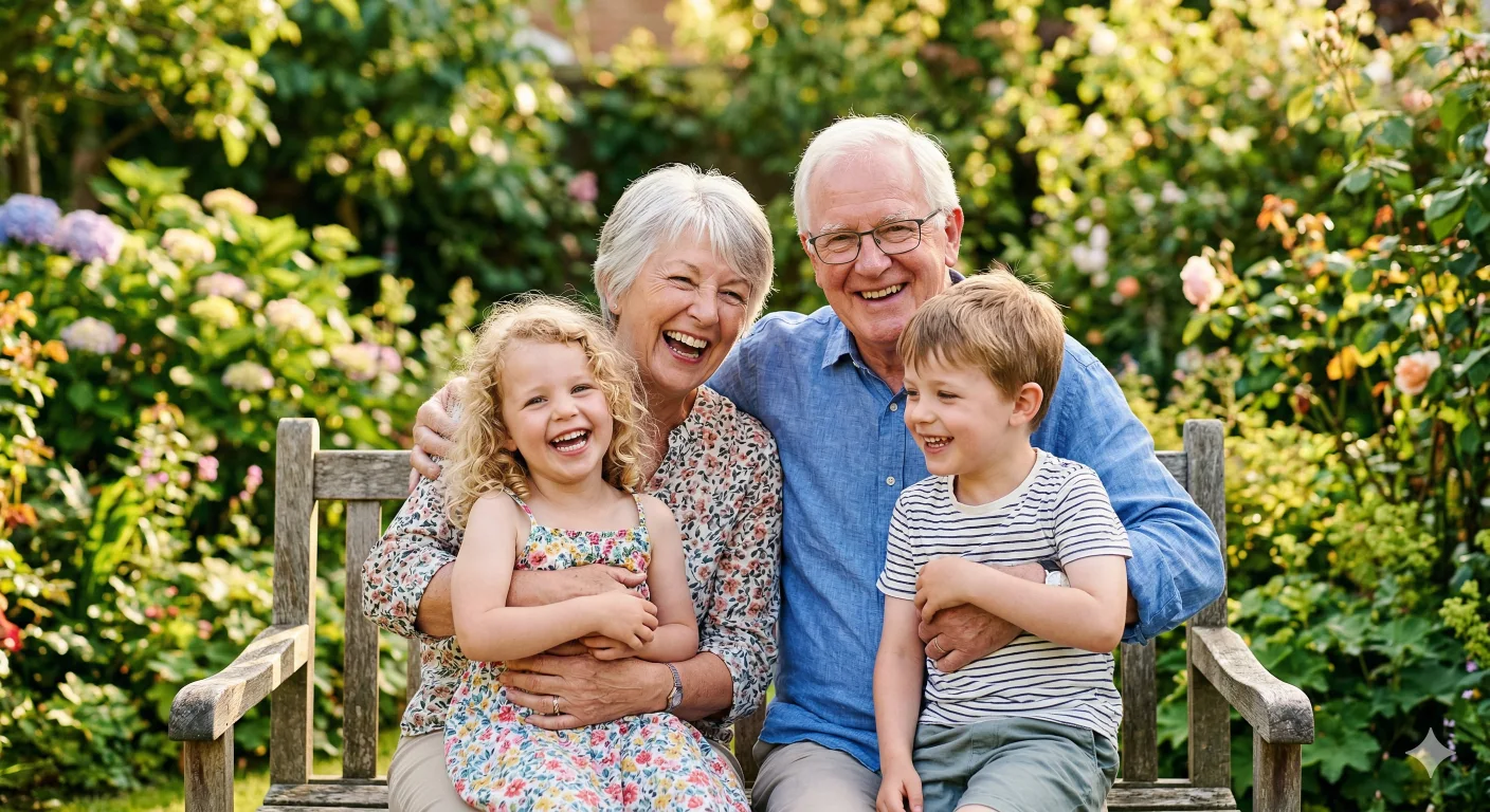 Smiling grandparents enjoying time with their two grandchildren in a garden