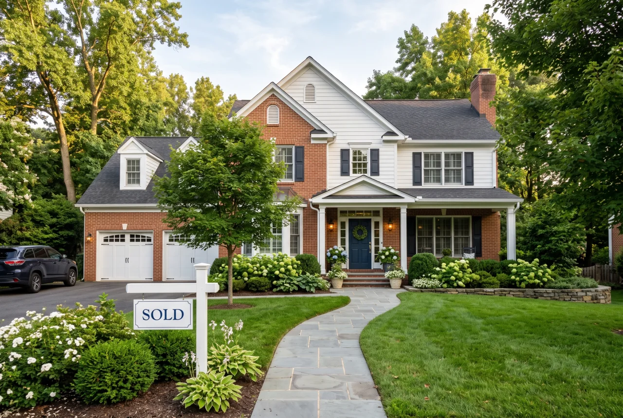 An inviting home with a sold sign and a beautifully landscaped entrance