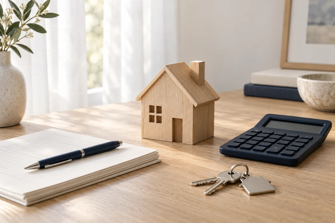 Home model, calculator and budgeting papers on a desk