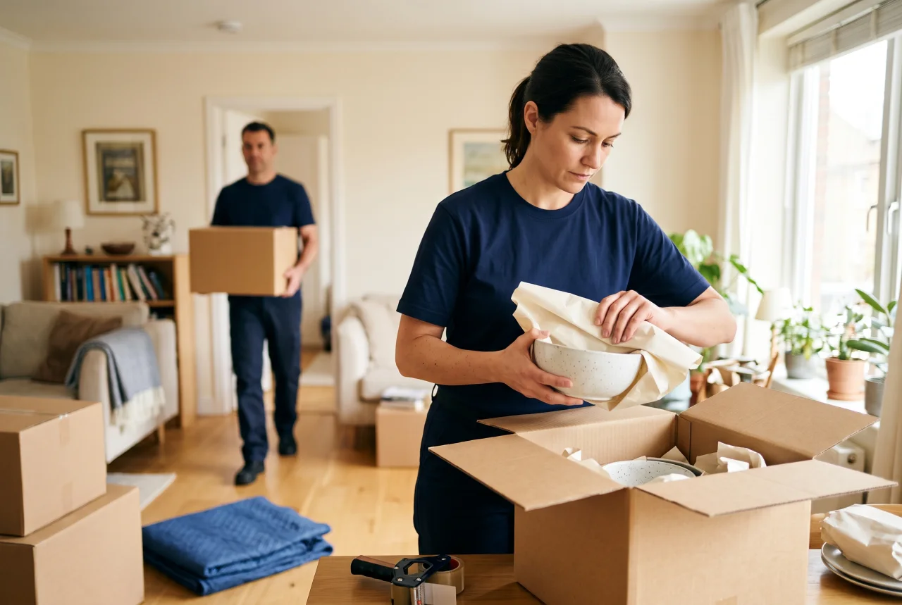 Two professional movers carefully packing household items