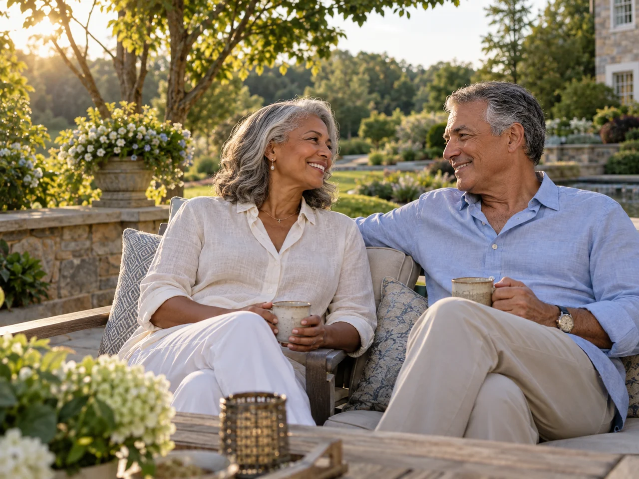 A couple enjoying a relaxed afternoon together in a garden