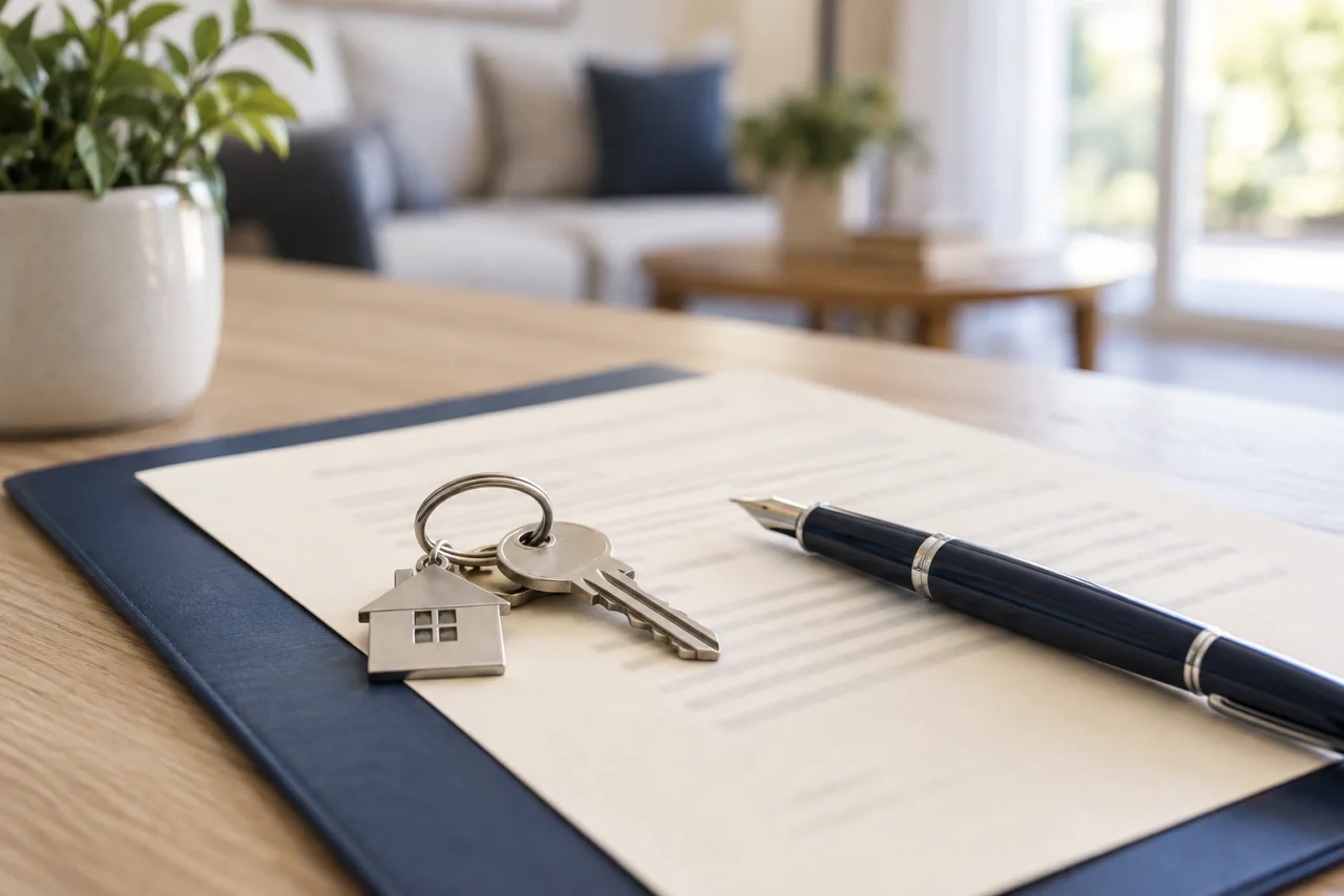 Deed-style paperwork, a pen and house keys arranged for settlement